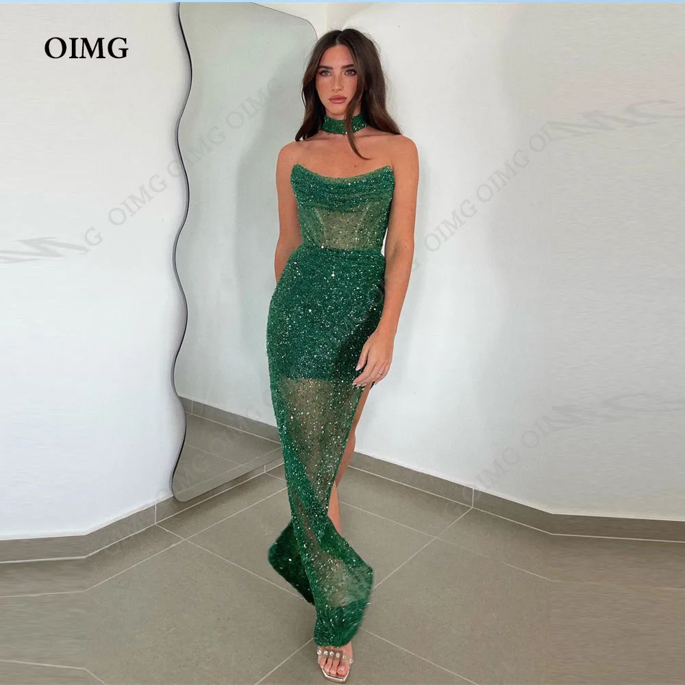 

OIMG Shiny Green Side Slit Long Prom Dresses 2024 Glitter Sequin Strapless A-line Vestidos De Festa Long Evening Party Gowns