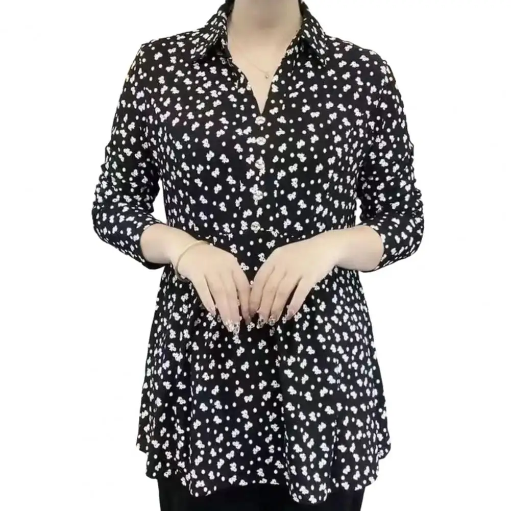 

Women Pullover Tops Lapel V-neck Buttons Half Placket Long Sleeve Shirt Floral Print Mid-aged Mom Shirt