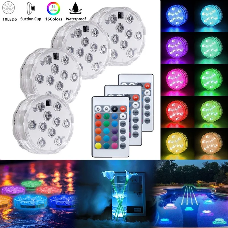 Description Picture 6 of item10leds RGB Led Submersible Light Underwater Night Lamp Battery Operated Garden Swimming Pool Light for Wedding Party Vase Bowl