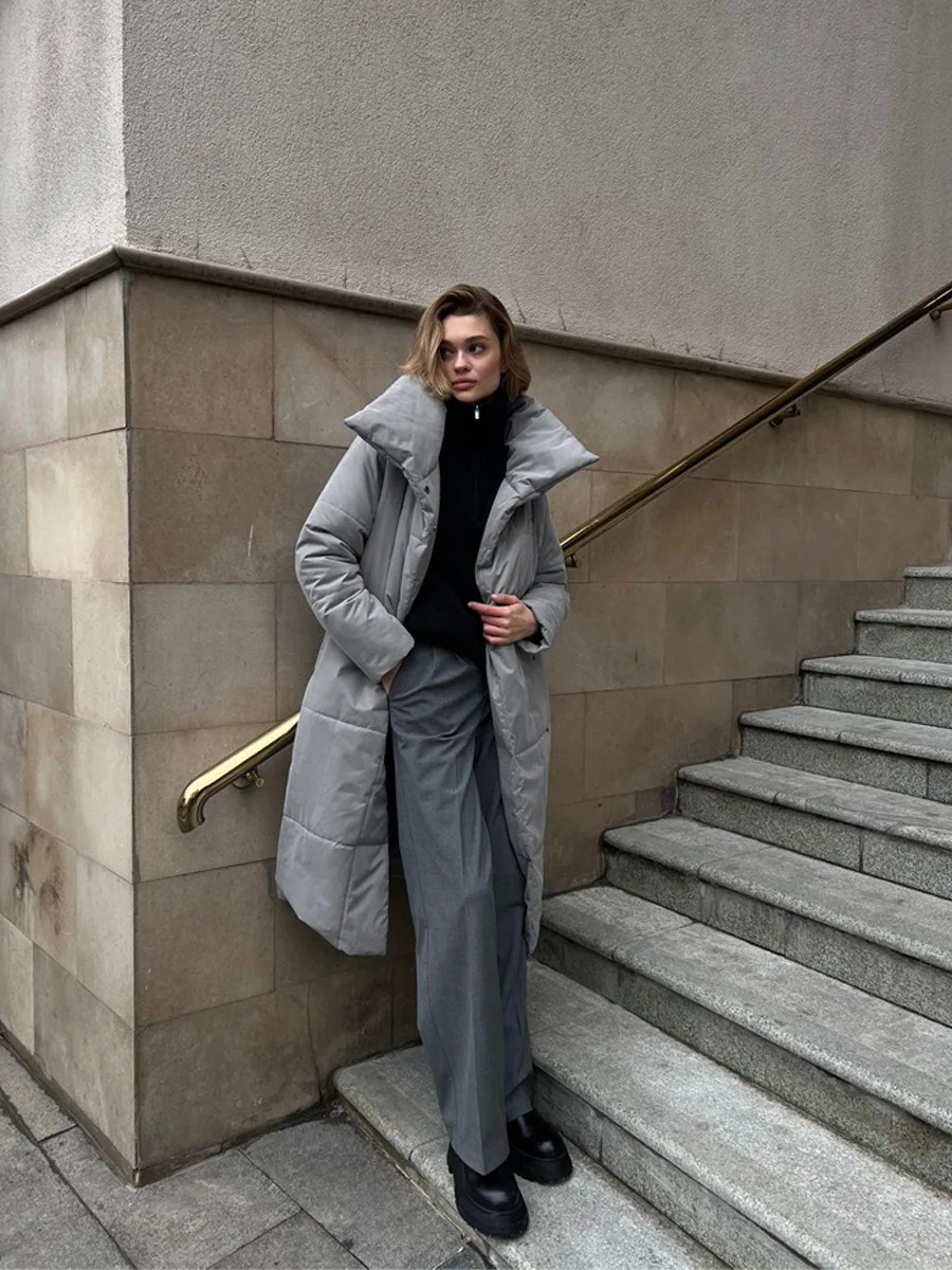 Winter Female Parkas Outwear Loose Lace-Up High Waist Long Sleeve Pocket Lapel Bandage Coat For Women Solid Parkas