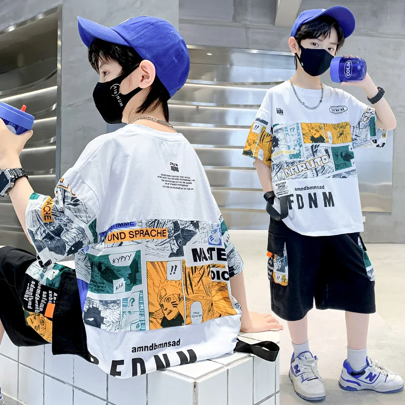 

boys clothes 4yrs to 12yrs summer teenage clothing suit cartoon T-shirt+sport shorts 2pcs 12 14 kids short set childer outfits