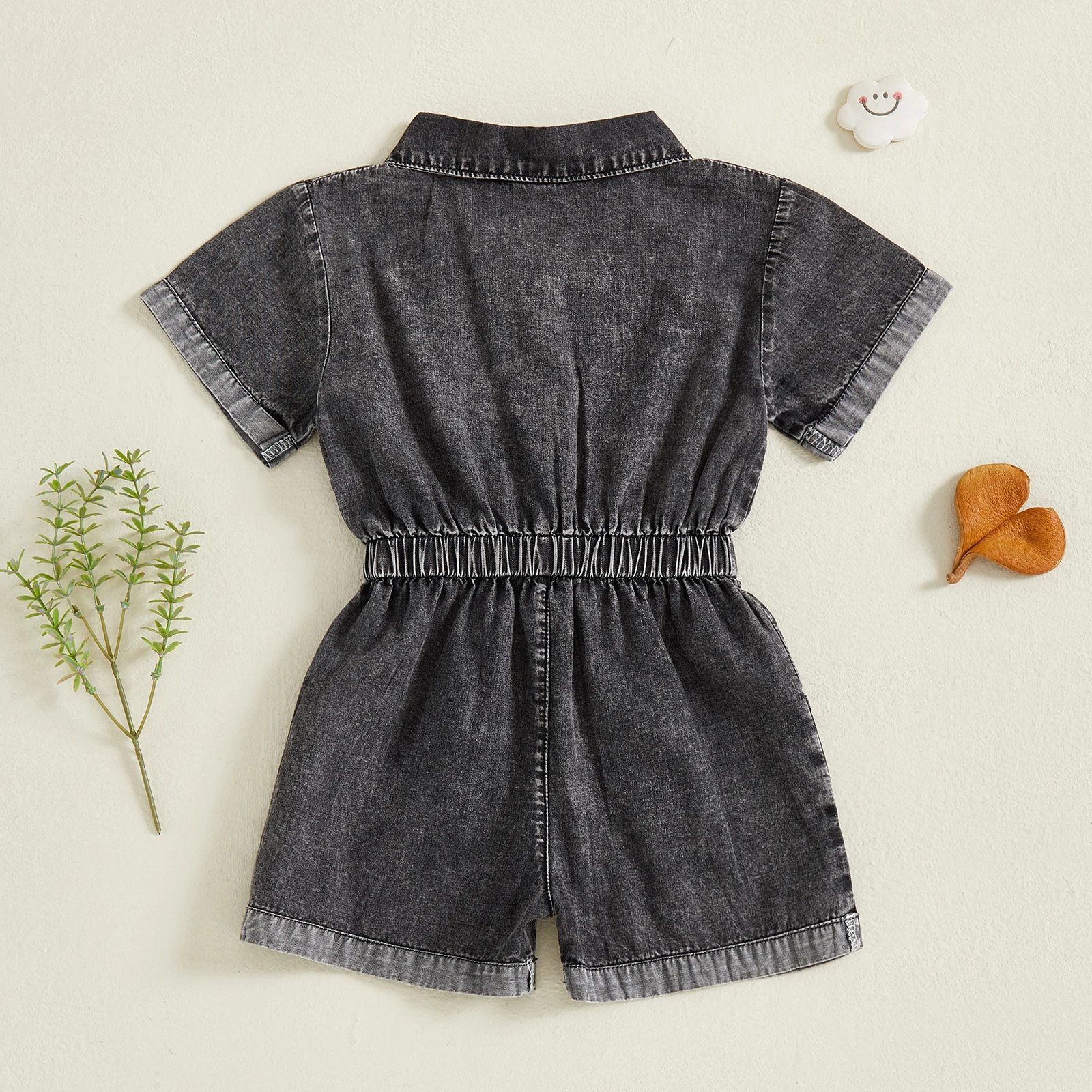 Toddler Girls Denim Shorts Overalls Short Sleeves Turn Down Collar Button Down Elastic Waist Jean Romper Jumpsuits 6