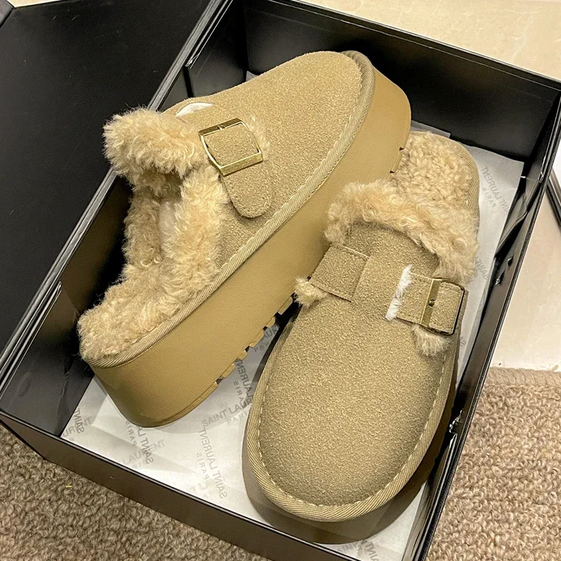 

Fur Platform Flats Home Cotton Slippers Women Mules Shoes Winter Fashion 2024 New Short Plush Flip Flops Slingback Zapatos Femme