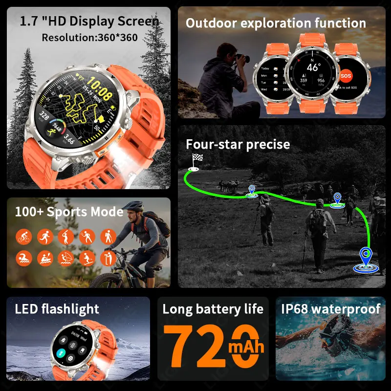 LIGE New Men Sports Smart Watch GPS Heart Rate Monitor LED Flashlight Compass Bluetooth Call IP68 Waterproof man Smartwatch 2026