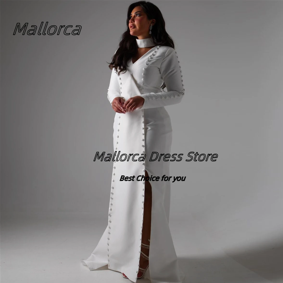 

Mallorca Plus Size Side Slit Dresses for Evening Banquet 2024 Long Sleeves Prom Dress with Buttons Wedding Party Women Wear
