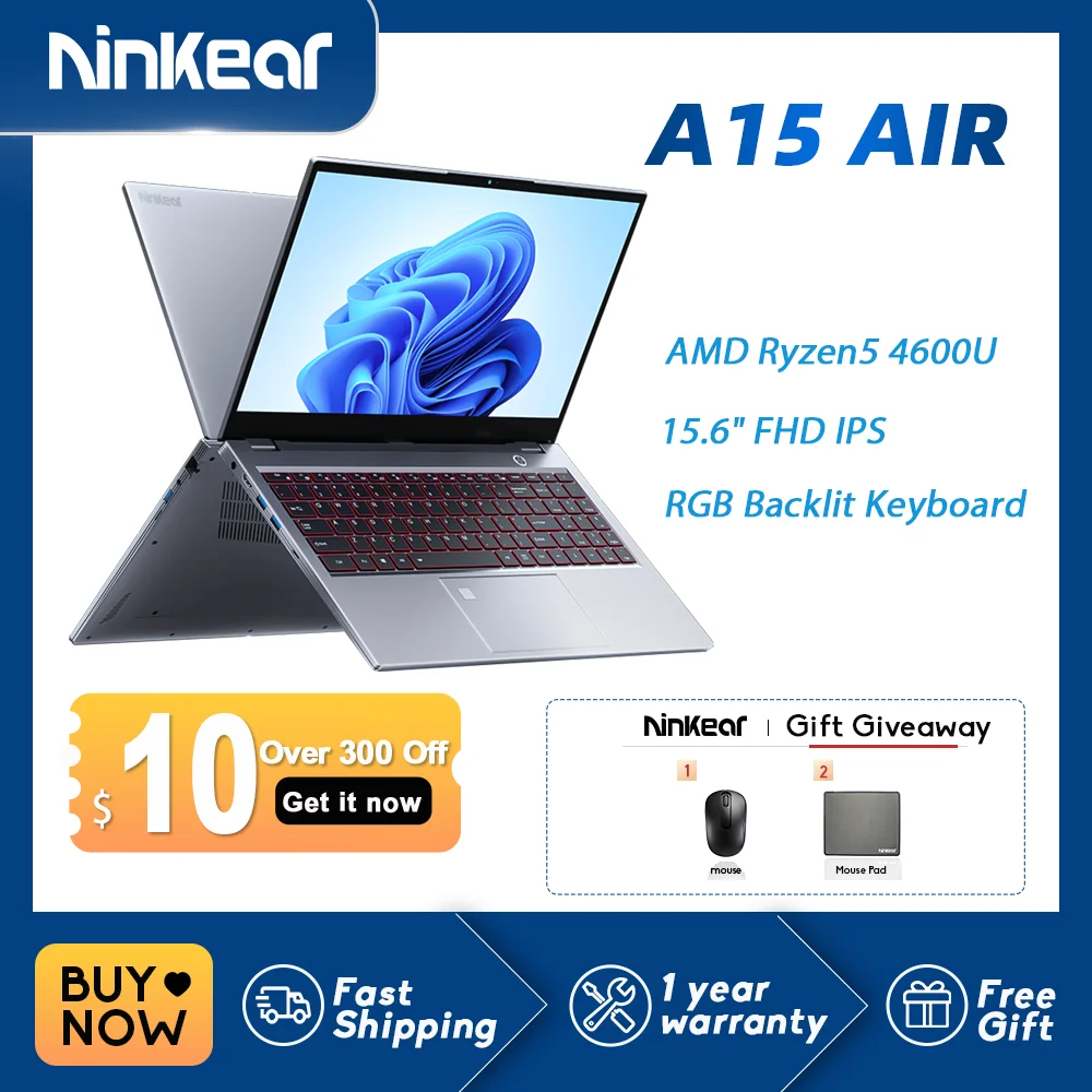 

Laptop Ninkear A15 Air 15.6" FHD IPS16GB DDR4 512GB SSD AMD Ryzen54600U Fingerprint Unlock BacklitKeyboard Windows 11