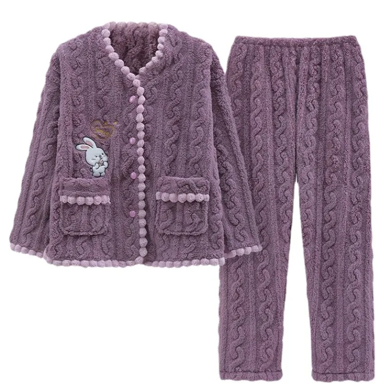 2024 New Pajama Women's Autumn Winter Coral Fleece Loungewear Flannel Thick Homewear Large Size Plush Warm V-neck Sleepwear Set