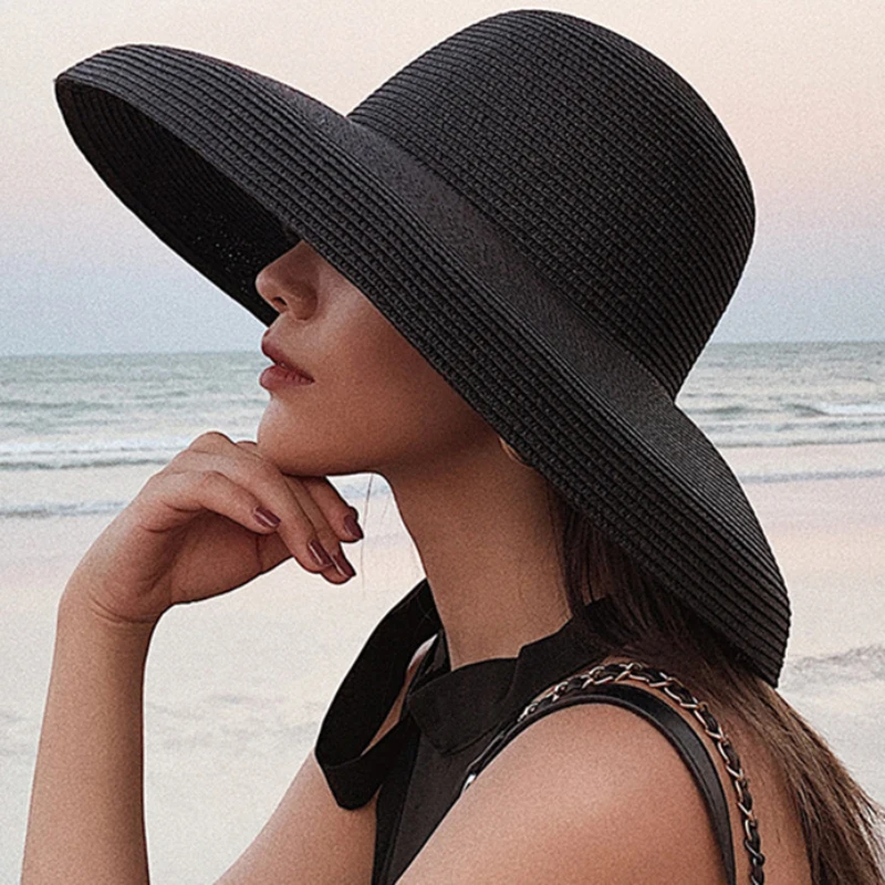 

2023 New Summer Sun Hats Ladies Solid Plain Elegant Wide Brim Hat Female Round Top Panama Floppy Straw Beach Hat Women лето