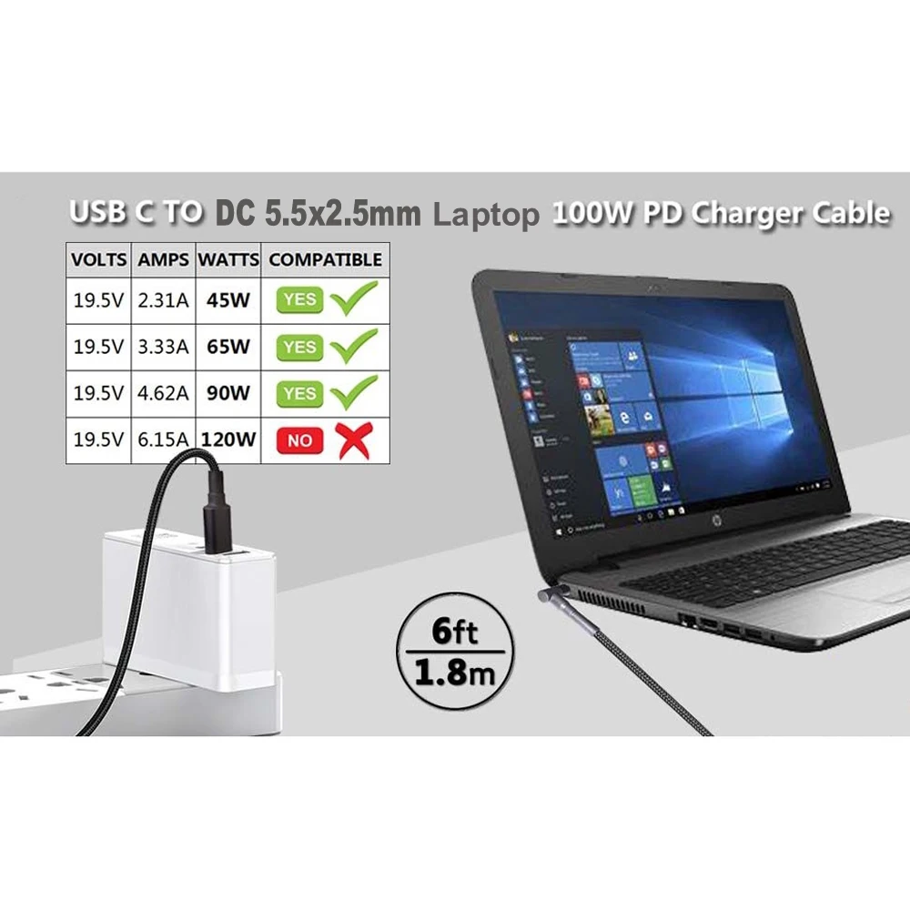 100W 유형 C 5.5x2.5mm 남성 변환기 케이블 DC 노트북 USB C PD Asus Lenovo Toshiba 노트북 (18-20V) 용 고속 충전 코드
