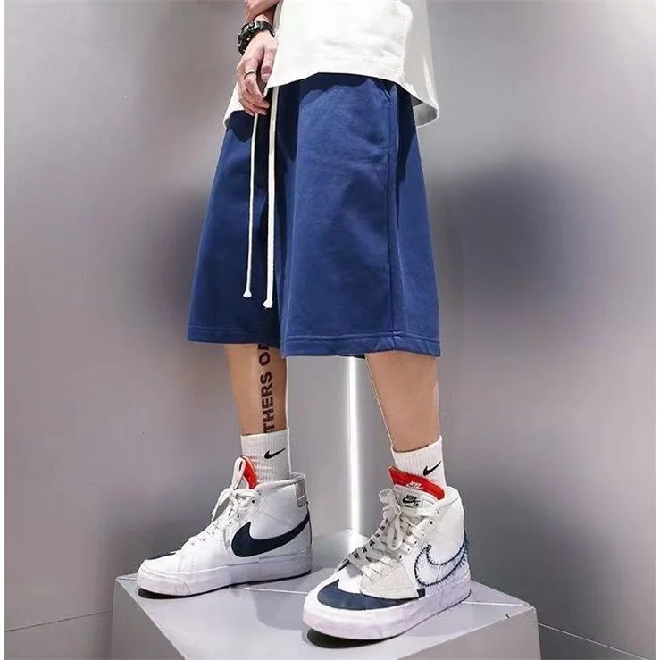 Ins Style Streetwear Summer Men Casual Shorts Cargo Cotton Knee Length Poppin Loose Trouser Male Drawstring Plain Lounge Shorts
