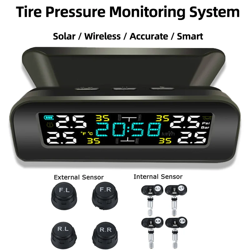 Sistema Di Monitoraggio Della Pressione Dei Pneumatici Wireless Tpms Universale Orologio A Energia Solare Display Lcd 4 Sensori Di Pressione Dei Pneum
