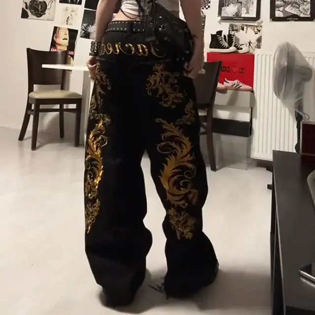 American Retro Dragon Print Straight Jeans Millennium Subculture Fashion Hot Girl Jeans Harajuku Hip Hop Y2k Pants Baggy Jeans 1