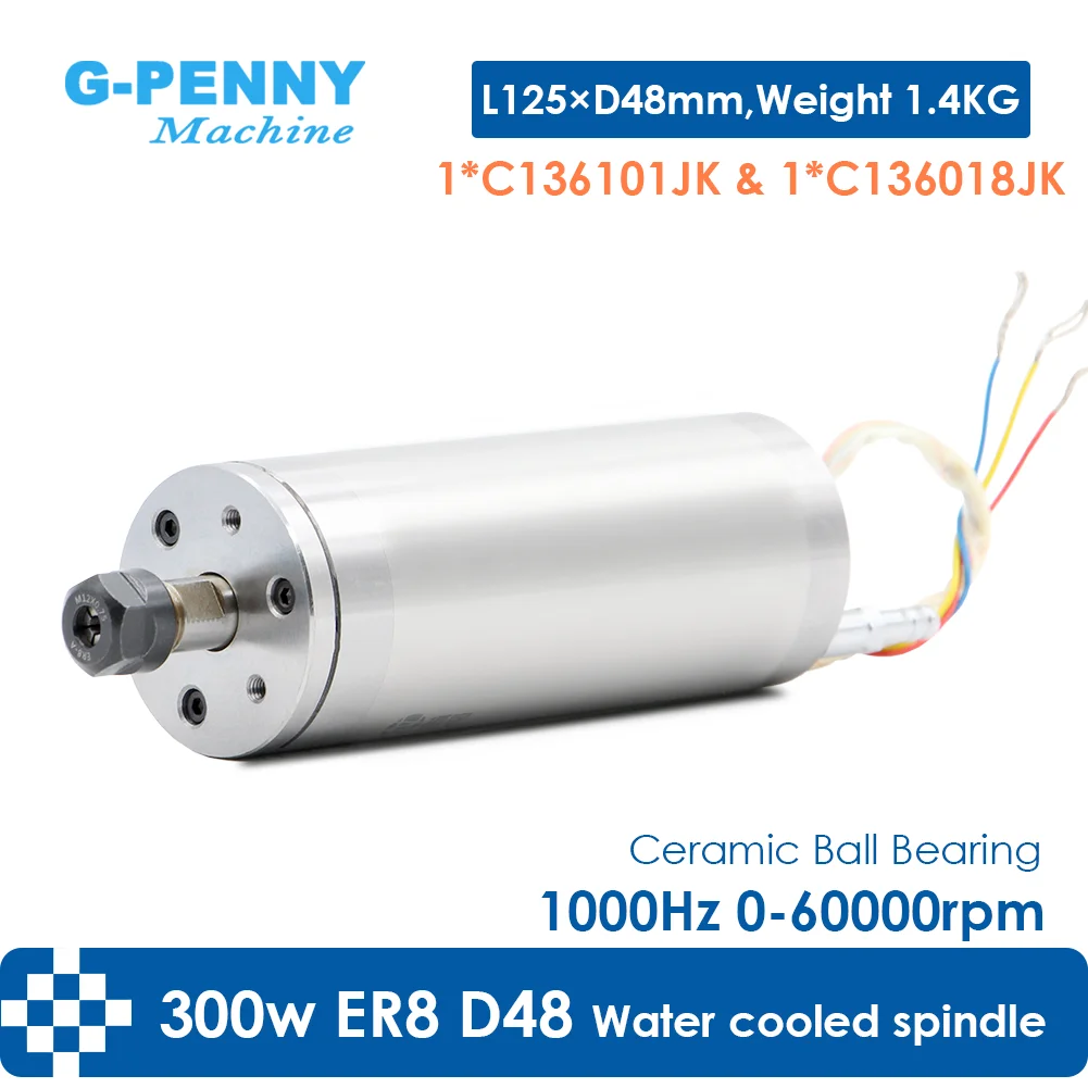G-Penny CNC-Wasserkühlspindel 75V 300W ER8 60000RPM 1000Hz D48×130mm Präzisions-Graviermotor für Holz, PCB, PVC, PMMA, weiches Material