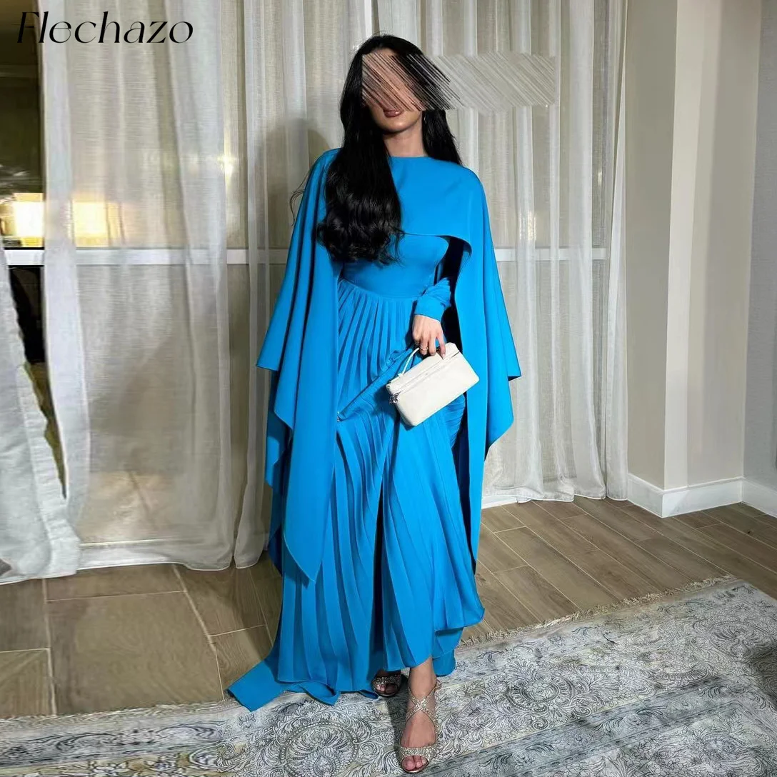 

Flechazo Blue Saudi Evening Dresses 2-Piece Floor-Length Shawl Pleated A Line Formal Party Dress For Women 2024 robe de soirée