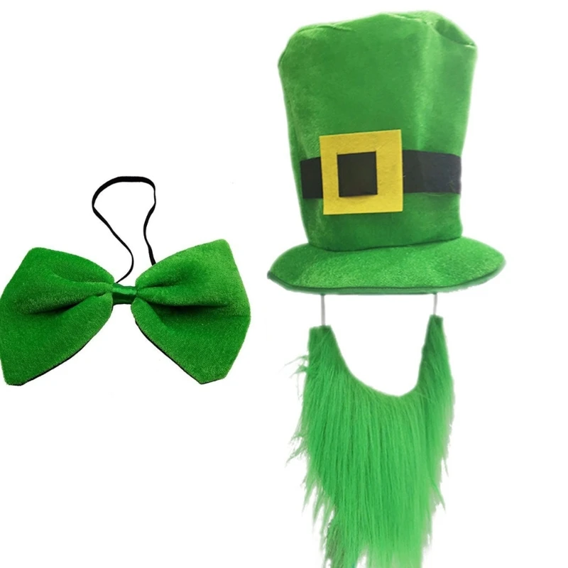 

StPatrick Day Green Hat Bowtie Costume Shamrock Hat Irish National Day Celebration Flat Top Hat Carnival Party Accessory