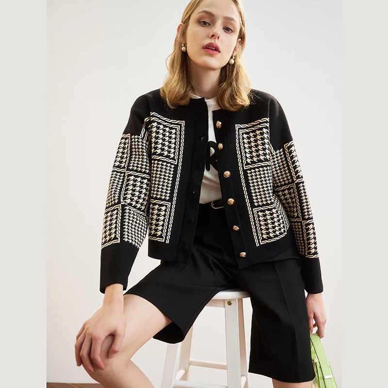 

Houndstooth Round Neck Retro Jacquard Knitted Cardigan Jacket 2023 Autumn New Single-breasted Knitted Cardigan Women