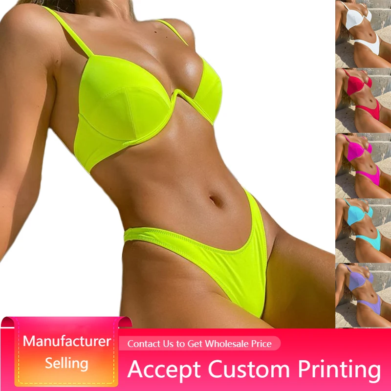 Bikinis New Solid Color Women Thong Swimsuit Two Piece Low-cut Sexy Micro Swimwear 2022