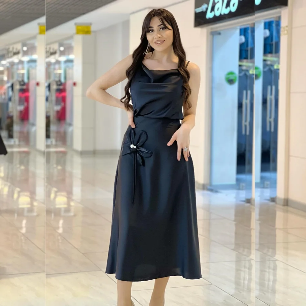 Satin Beading Flower Formal Evening A-line Spaghetti Strap Bespoke Occasion Gown Midi Dresses