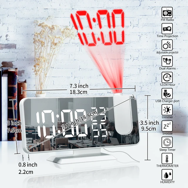 LED Digital Alarm Clock Watch Table Electronic Desktop Clocks USB Wake Up FM Radio Time Projector Snooze Function 2 Alarm 6