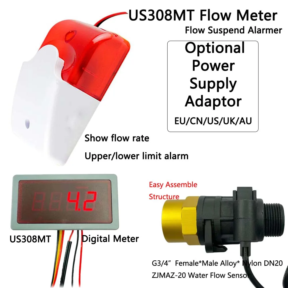 

US308MT Digital Water Flow Meter Suspend Alarmer ZJMAZ-20M 1-50LPM Turbine Flow Sensor G3/4" Female*Male Flowmeter Dijiang.CC