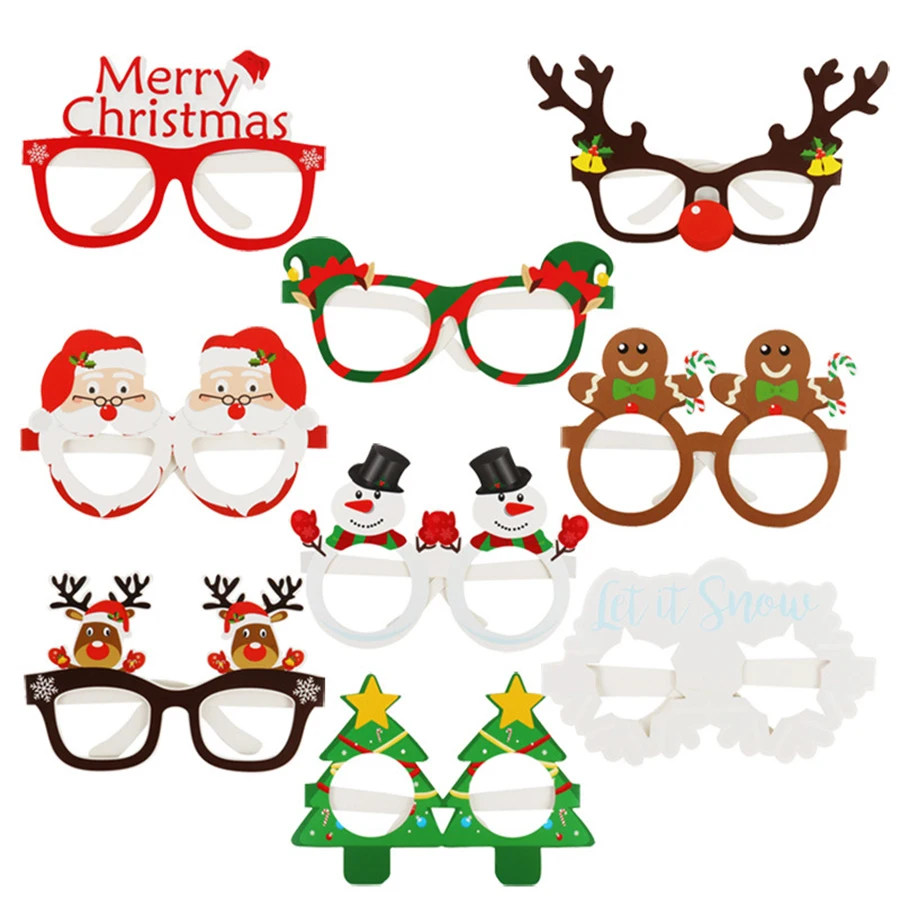 

9pcs 2024 Christmas Glasses Santa Claus Snowman Snowflake Tree Elk Paper Glasses Party Photo Props Christmas Decoration For Home