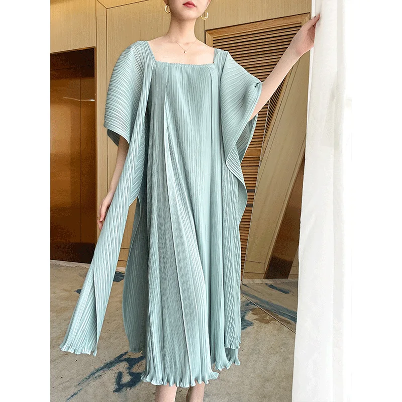 

Женское драпированное платье в европейском и американском стиле, оригинальный дизайн, модное элегантное Свободное длинное платье средней длины с квадратным вырезом