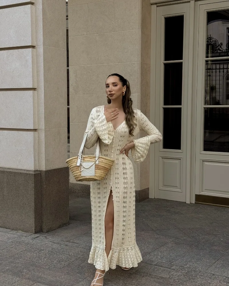 Deep V Neck Long Cardigan Dress - Elegant Hollow Knit Cover Up for Women