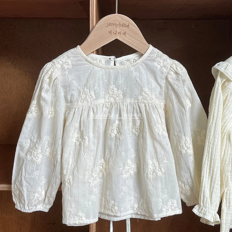 Baby Girl Clothes Kids Bottoming Shirt Vintage Floral Embroidery Baby Girls Shirt Spring Fall Cotton Breathable Toddler Girls Clothing Children Outwear 0-4Y