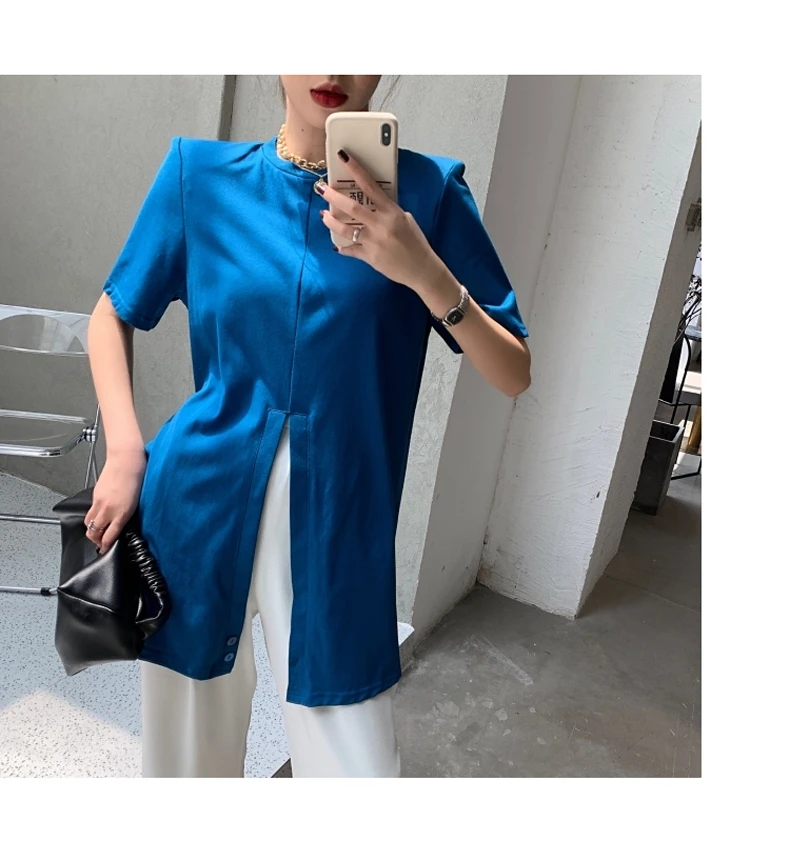 2022 New Summer Solid Cross Women's T-Shirts Long Sleeve O-Neck Front Split Bottoming Minimalist Shirts Chic Long Tops Female cheap graphic tees