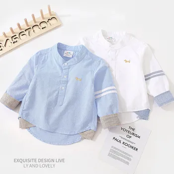2023 봄 가을 멋진 단색 코튼 만다린 칼라 긴팔 화이트 셔츠, 어린이 남아용, 2, 3, 4, 5, 6, 8, 10 년