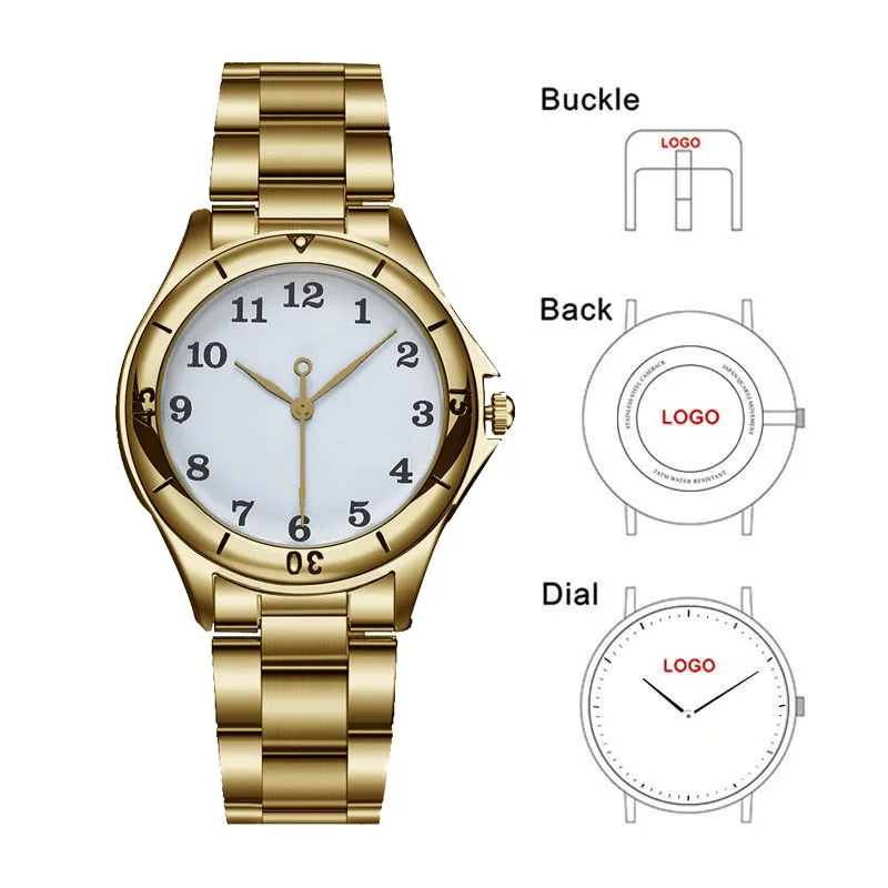 CL055  Gold Men Watch Quartz Wristwatch Custom Logo Photo Private Label Stainless Steel Watches