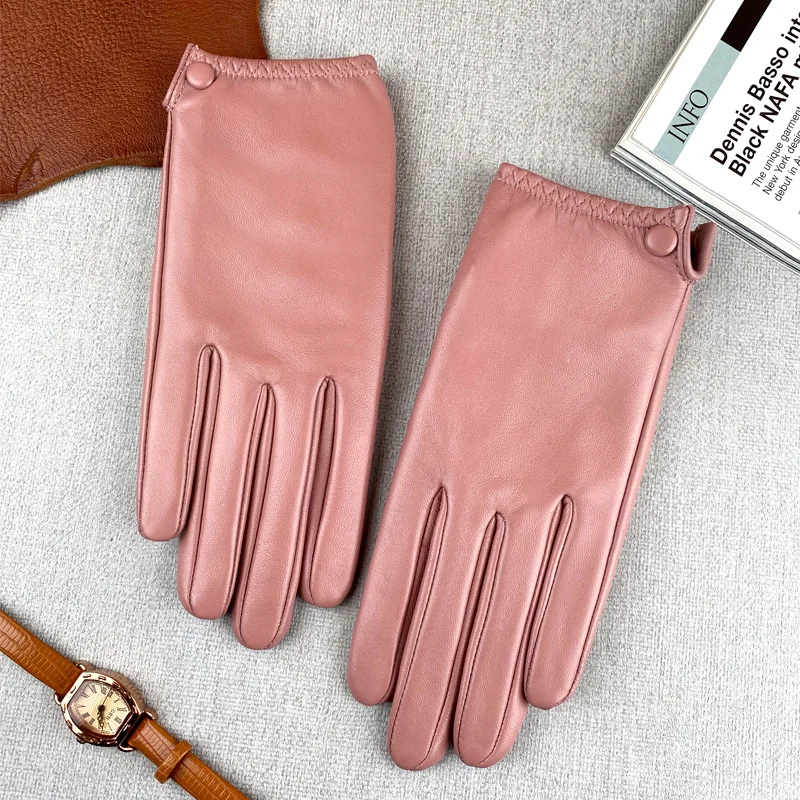 Spring Autumn Genuine Sheepskin Leather Gloves Light luxury Warm Touchscreen Texting Driving ladies Fashion Pink Black Gloves 6