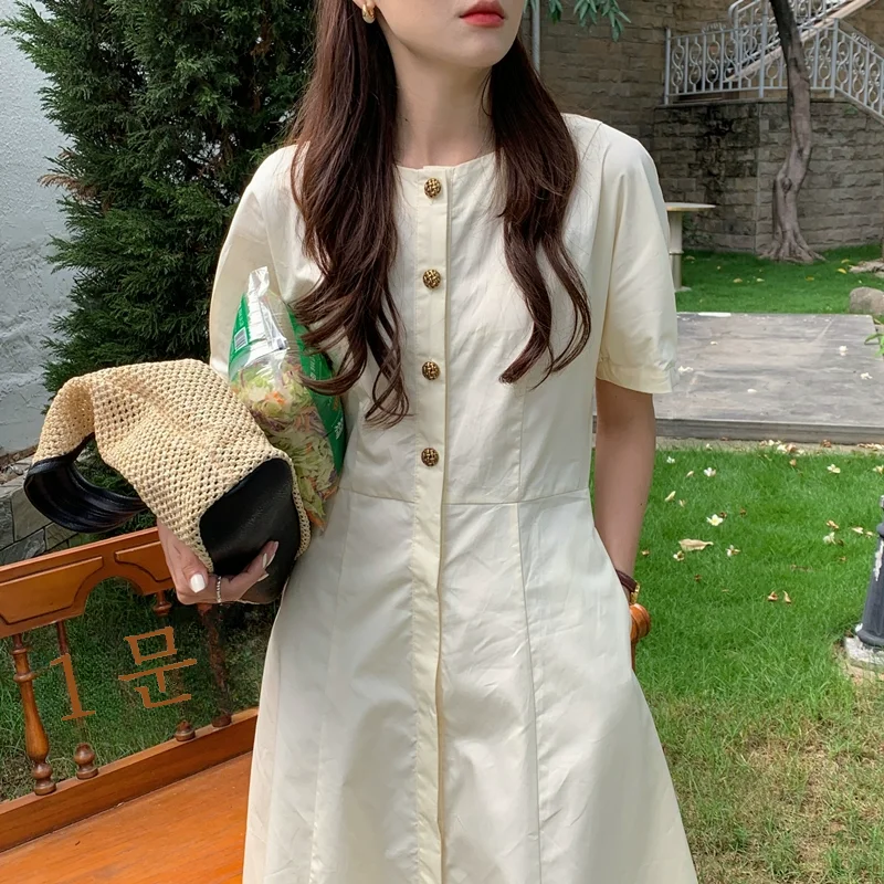 Women s Retro Midi Dress Korean Sle Chic Metal Single Breasted Waist Hugging Slimming French Sle