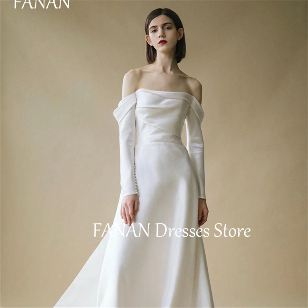 

FANAN Korea Off Shoulder Simple Wedding Dresses Mermaid White 웨딩드레스 Ivory Long Sleeves Satin Custom Made Bride Gowns Plus Size