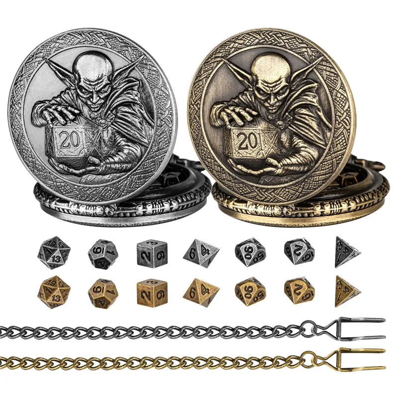 7 Teile/satz Mini Größe Metall Polyedrische Würfel für Rollenspiel Rpg Würfel Kobold D20 Würfel Taschenuhr Fall Anhänger Kette – Detail 2