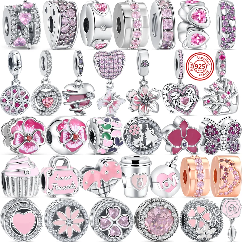 

92 Style Pink Series Zircon Heart Love Mom Pave Shiny Clip Bead Fit Original Pandora Charm Bracelet Women 925 Silver DIY Jewelry