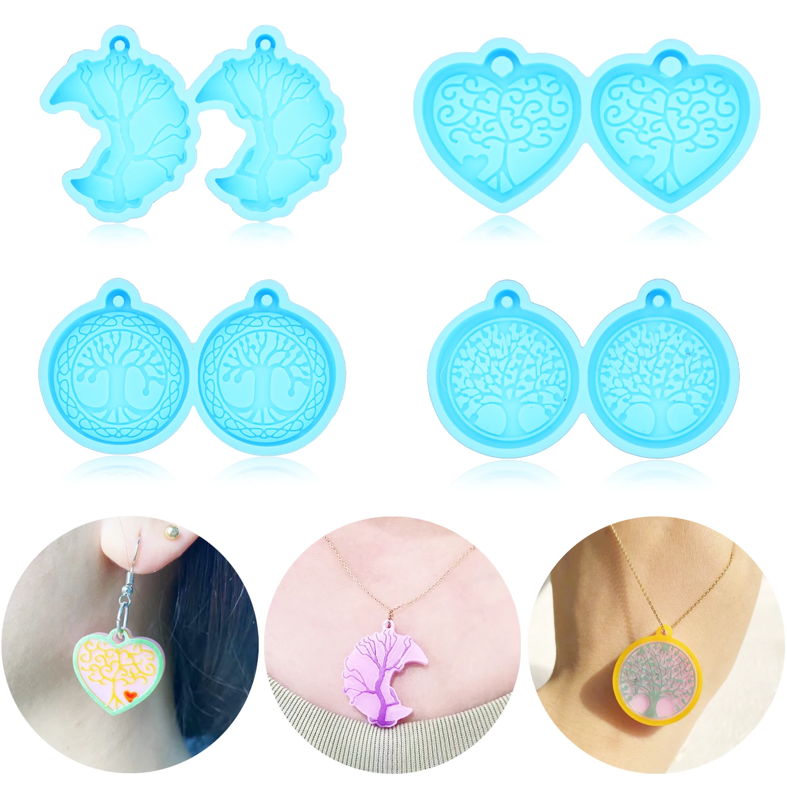 New Round Heart Earrings UV Resin Mold Tree of Life Necklace Keychain Pendant Epoxy Silicone Mold DIY Jewerly Making Supplies heart laser holographic silicone mould epoxy resin mobile bracket mold for diy handmade phone holder making supplies accessories