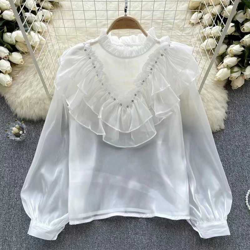 

Ruffled Long Sleeve Women Blouse Casual Korean Beading Loose Sweet Shirts Female Solid Elegant Fashion Blusas Chic Tops 29539