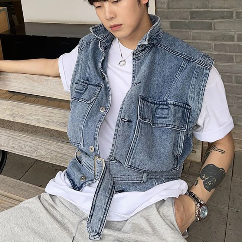 Men's lapel short denim vest, men's new summer work jacket, trendy spring and autumn horse jacket  leather vest