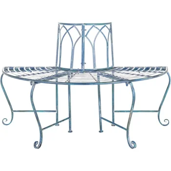 Antique Wrought Iron Tree Bench, Mossy Blue 1