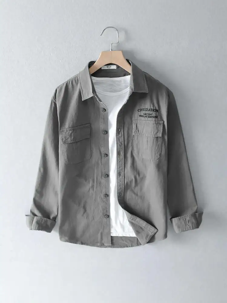 2024 New Men's Long Sve Workwear irt Loose Fit Trendy Spring Autumn Top Youth Sle No Ironing Required Stand Cut