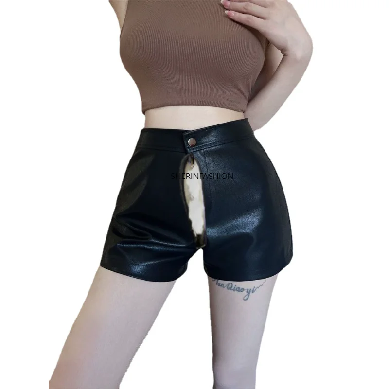 

New Sexy PU Leather Pants Women Invisible Open-Seat Pants Casual Shorts Lady High Waist Black Wide Leg Pants Bell-Bottom Pants