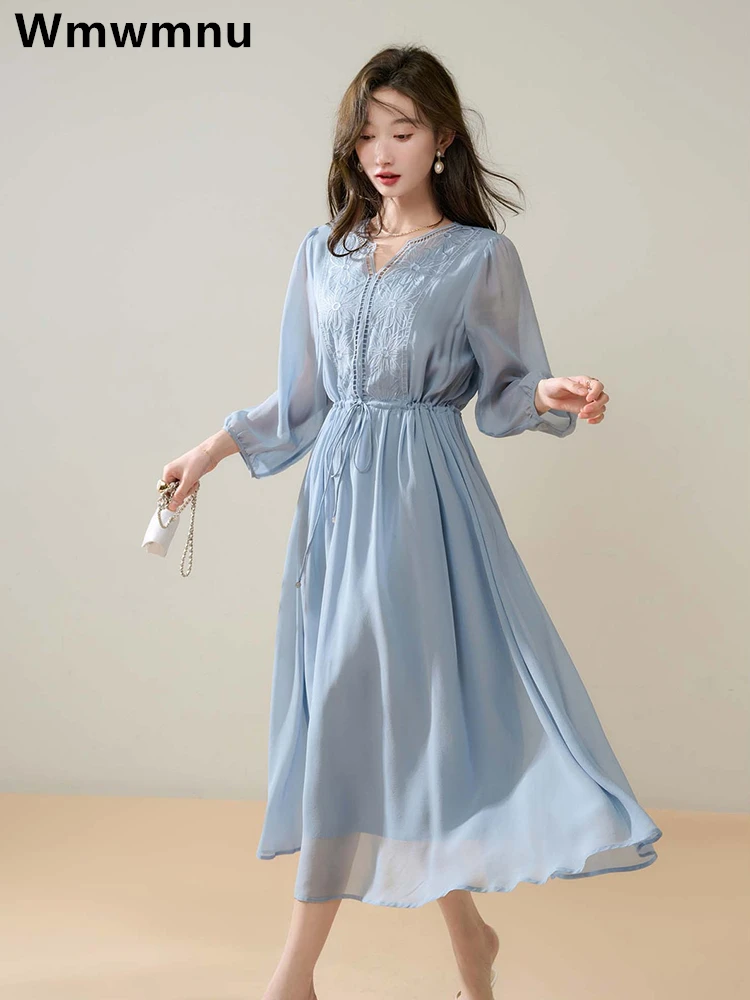 

Chiffon Embroidered Dresses Women New Spring Summer Three Quarter Sleeve Beach Dress Korean Vinage A-line Party Vestidos Midi