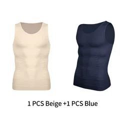 Men's Slimming Compression Tank Top - Body Shaper Vest for Workout & Tummy Control (Blue and Beige)