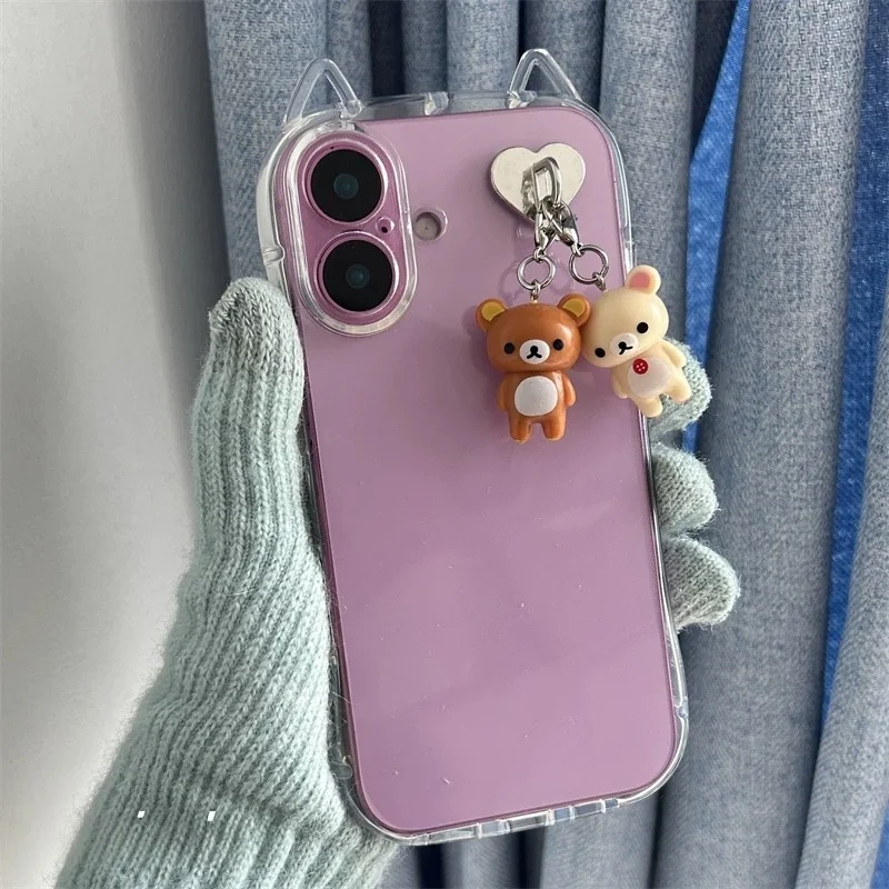 Cute 3D Ears Clear Case with Rilakkuma Bear Pendant TPU Cover