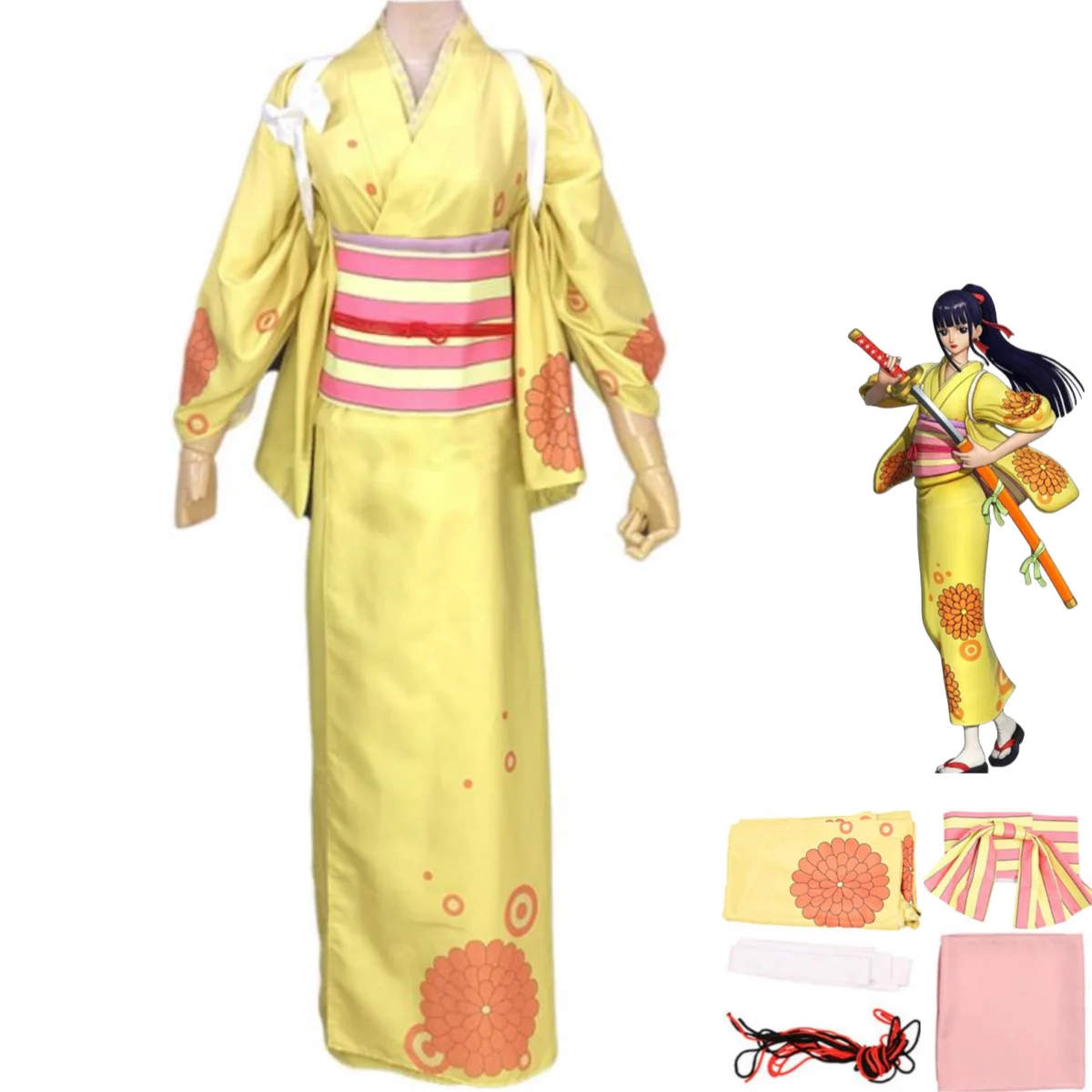 

Anime Kikunojo Cosplay Costume O-Kiku Wano Kuni Country Nine Red Scabbards Yellow Kimono Bathrobe Woman Sexy Carnival Suit