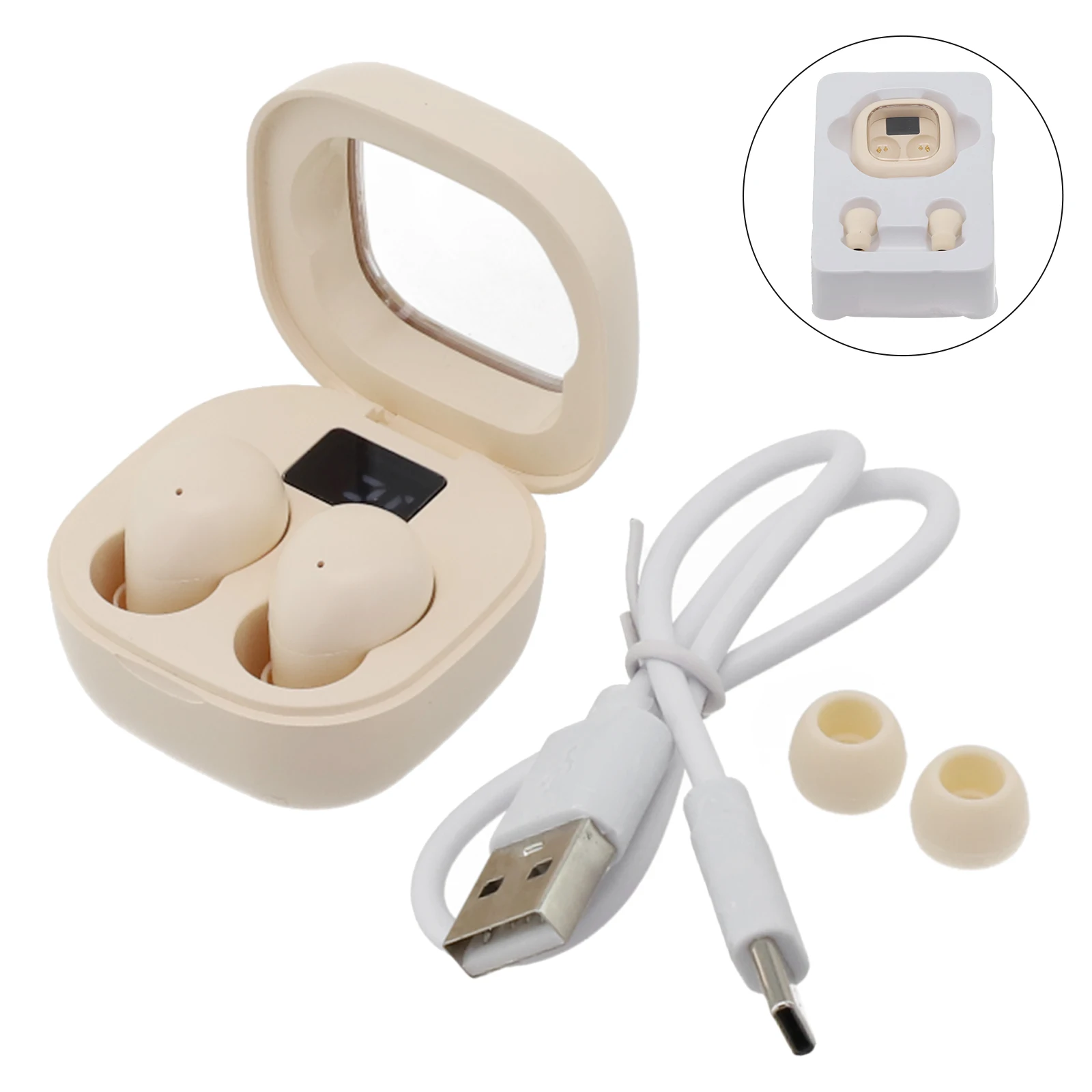 

Wireless Earphones SK19 Complete package including headphones headphone compartment instructions and charging cable