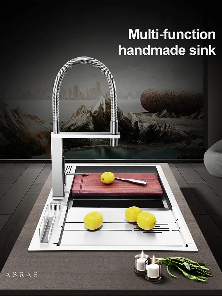 Asras 8650T SUS304 handmade kitchen sink multipurpose fine brushed with drainer and  tap  DHL