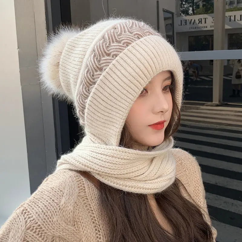 

Fashion Hat Scarf Women's Fashion Autumn Winter Hat Ear Muffs Snow Bib One Hat Wool Knitted Cap Warm Beanies Warm