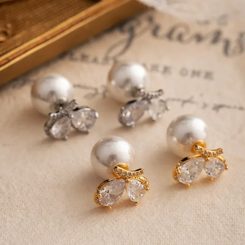 

Light luxury vintage cherry zircon imitation pearl earrings for women